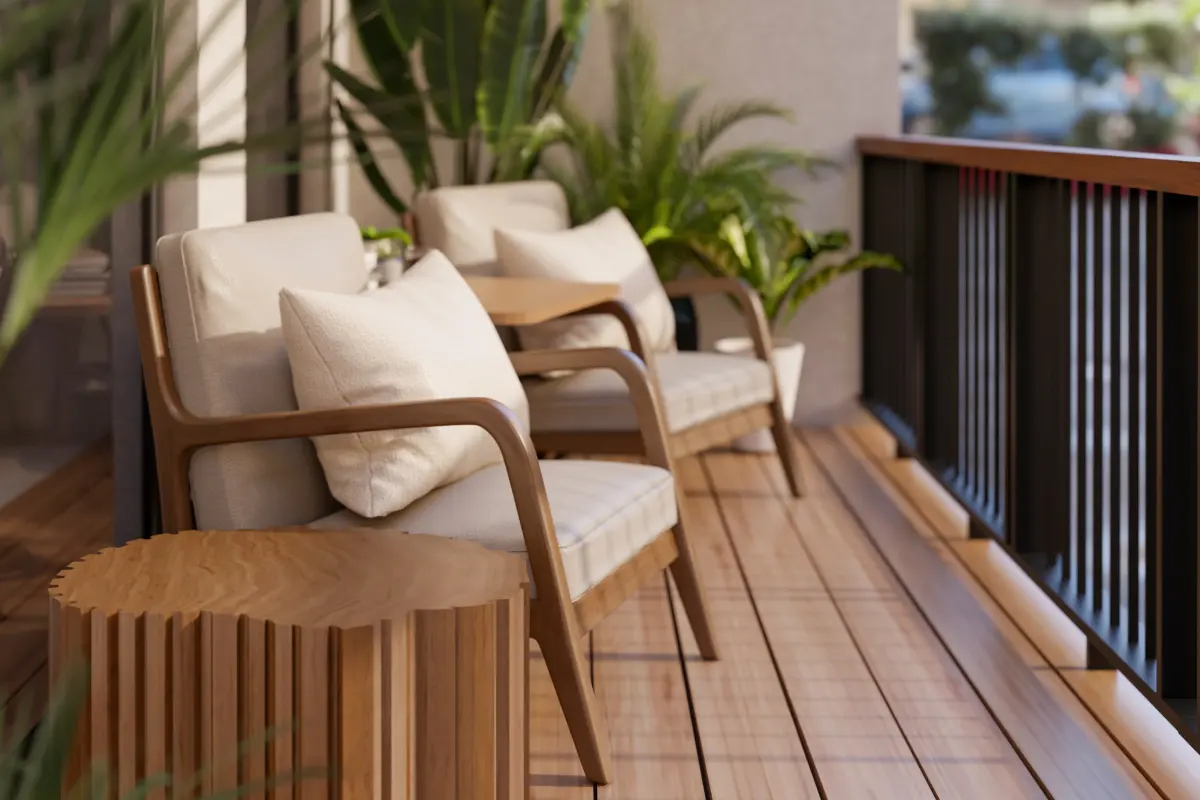 terrasse bois le val Terrasse en bois au Val de Mougins : fauteuils et table sur un balcon en bois